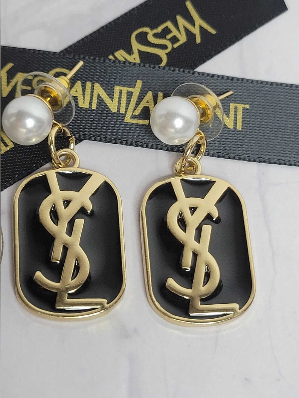 Black and Gold YSL Logo Drop Earrings with Pearl Posts